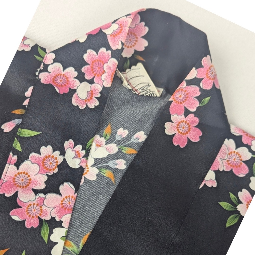 VTG Kimono Yan Tex Black Pink Cherry Blossom Floral Robe Made in Japan Size LL